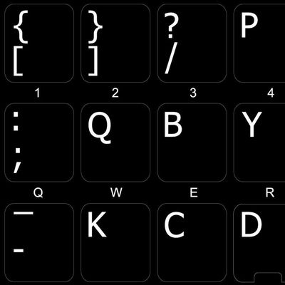 4Keyboard Dvorak Left-Handed Non-Transparent Keyboard Labels ON Black Background