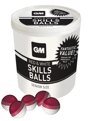 Gunn & Moore GM Cricket Training Ball, Skills Ball Bucket & 24 Skills Balls, Red/White, Size Junior Suitable for Children, Boys and Girls Aged 12 and Under