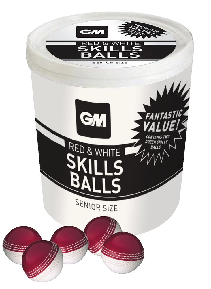 Gunn & Moore GM Cricket Training Ball, Skills Ball Bucket & 24 Skills Balls, Red/White, Size Junior Suitable for Children, Boys and Girls Aged 12 and Under