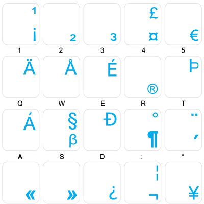 English US International Keyboard Decals with Blue Lettering Transparent Background