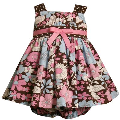 Bonnie Jean Size 24M, Baby/Infant Girls 12M-24M 2-Piece Brown Pink Blue White Floral Polka-DOT Print Empire Waist Dress