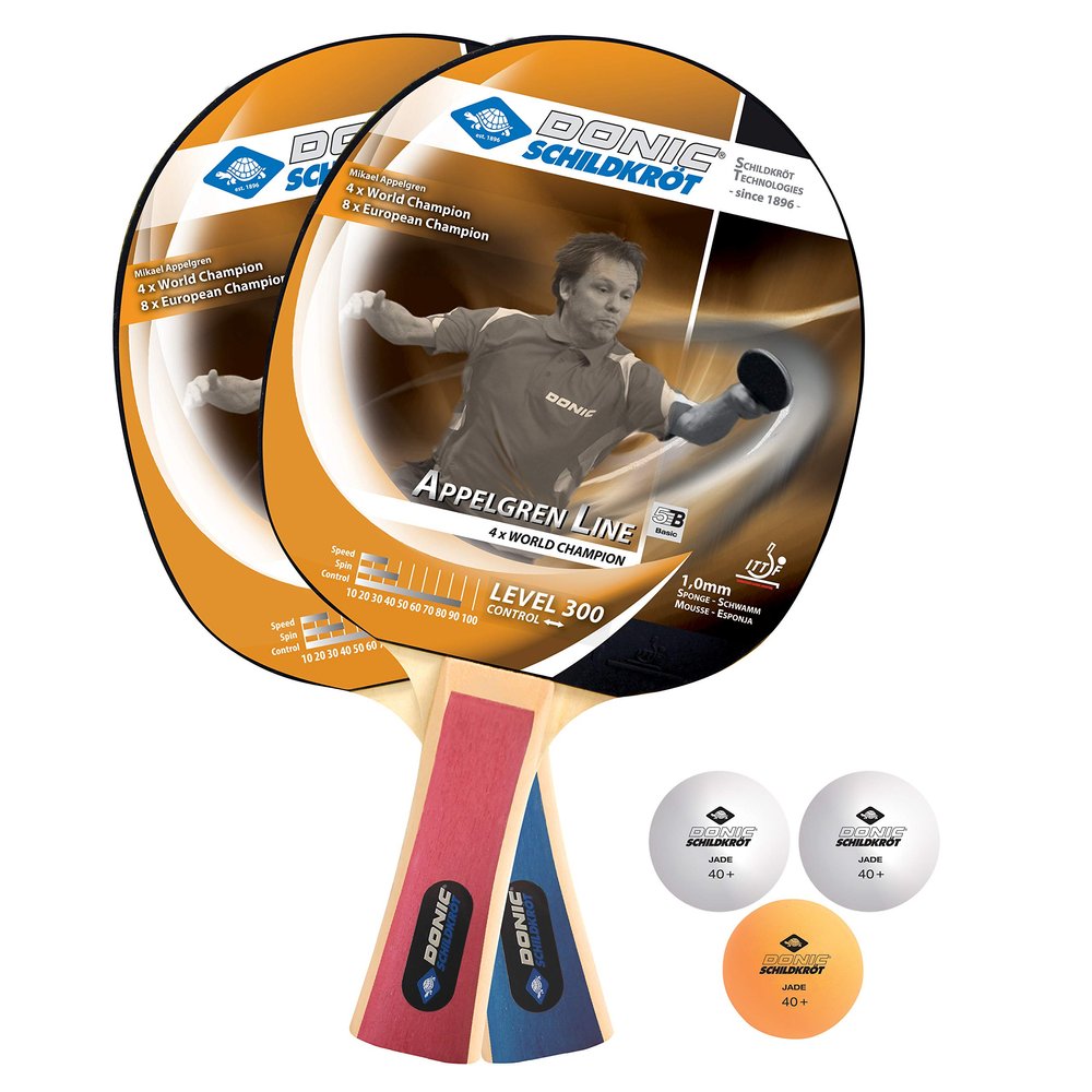 Donic-Schildkrt Appelgren 300 Table Tennis Set, 2 Bats, 1 mm Sponge, 3 Balls, in a Blister