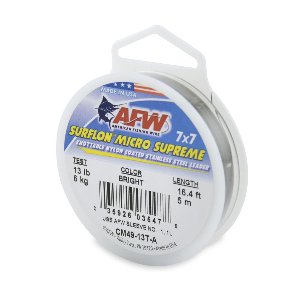 American Fishing Wire Surflon Micro Supreme, Nylon Coated 7x7 Stainless Steel Leader Wire, 13 lb Test, .013" Diameter, Bright, 5m