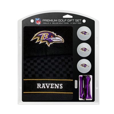 Team Golf NFL Baltimore Ravens Gift Set: Embroidered Golf Towel, 3 Golf Balls, and 14 Golf Tees 2-3/4" Regulation, Tri-Fold Towel 16" x 22" & 100% Cotton