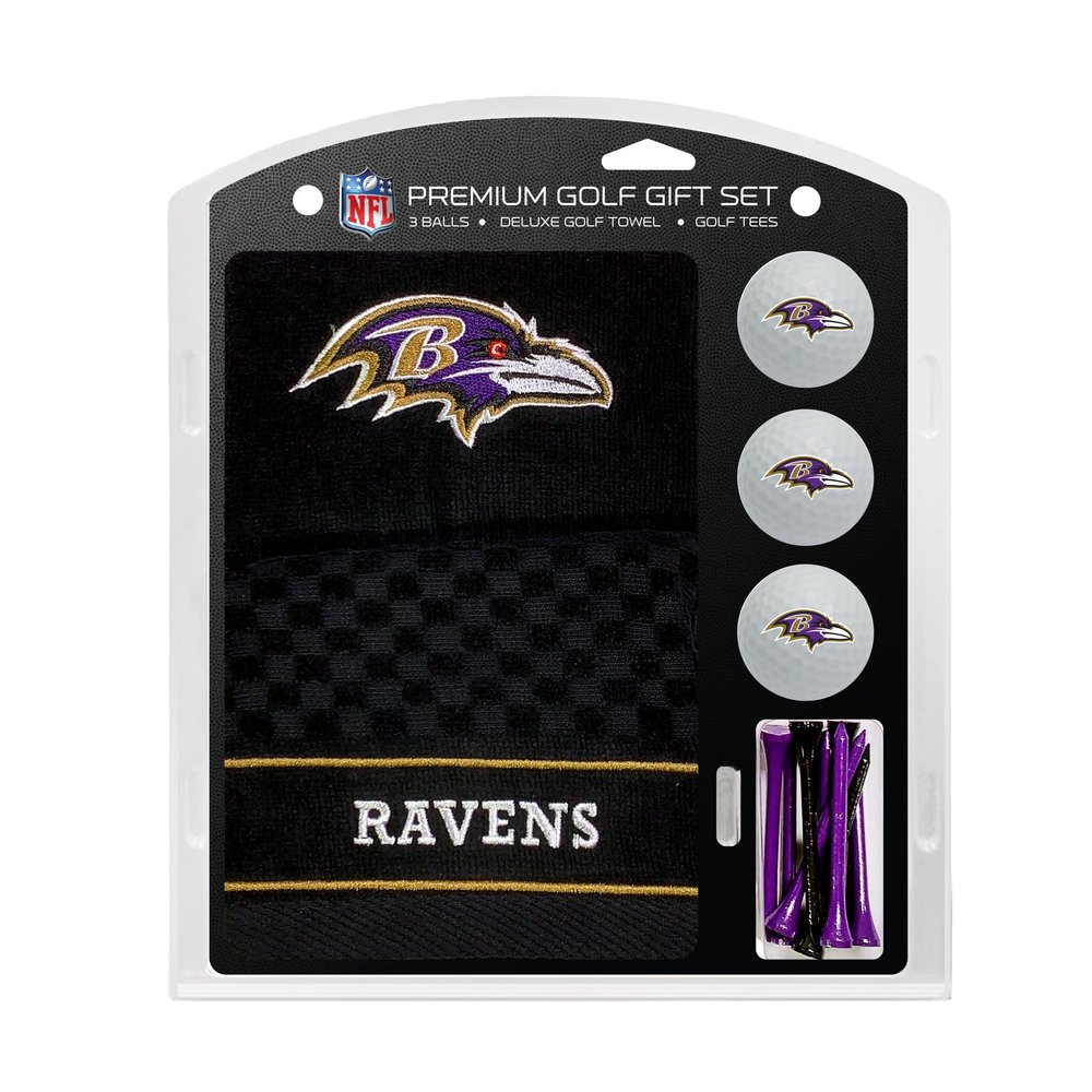 Team Golf NFL Baltimore Ravens Gift Set: Embroidered Golf Towel, 3 Golf Balls, and 14 Golf Tees 2-3/4" Regulation, Tri-Fold Towel 16" x 22" & 100% Cotton