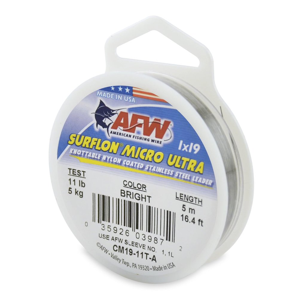 American Fishing Wire Surflon Micro Ultra, Nylon Coated 1x19 Stainless Steel Leader Wire, 11 lb Test, .012" Diameter, Bright, 5 m