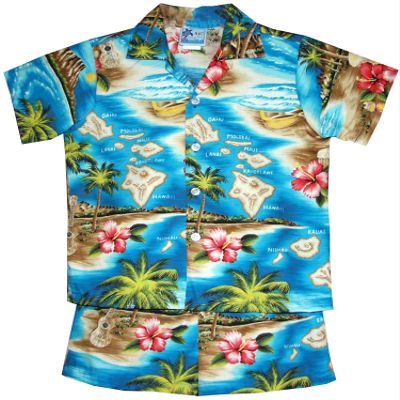 Cabana Set - Boy's Hibiscus Hawaiian Islands Aloha Infant Toddler Cotton Turquoise Shirt & Matching Shorts 2PC Set - 1 Toddler