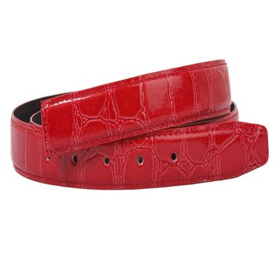 1 1/8 Inch Clamp On One Size Fits All Feather Edged Croco Print Patent Faux Leather Dress Belt, Red
