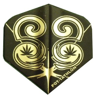 25 Sets #3409 AmeriThon Swirly Black/Gold Pot Themed Dart Flights