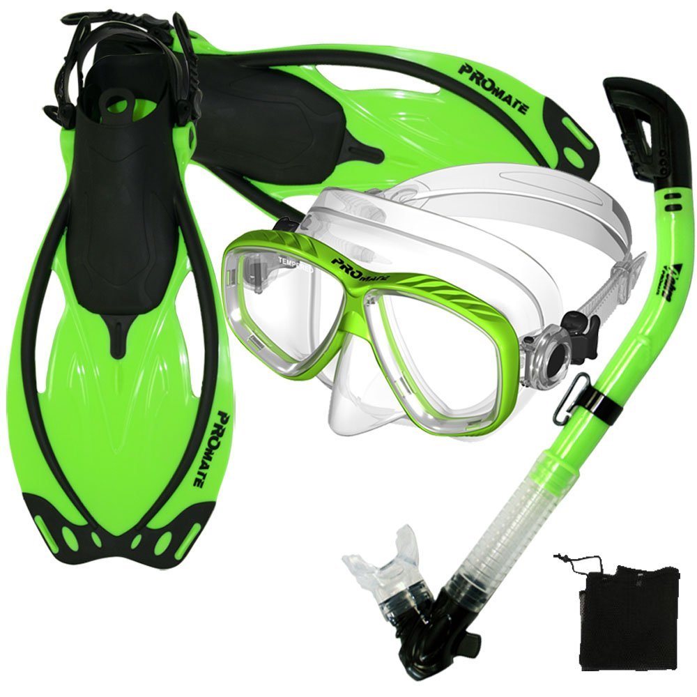 Promate Snorkeling Scuba Dive Mask Fins Dry Snorkel Gear Set, Green, S/M