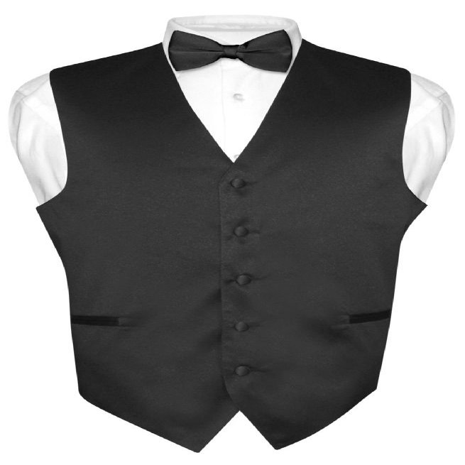 Vesuvio Napoli Men's Dress Vest & BowTie Solid BLACK Color Bow Tie Set for Suit or Tuxedo XS