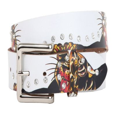 1 1/2 Inch Snap On Rhinestone Tiger Printed Genuine Leather Belt Size: L - 38
