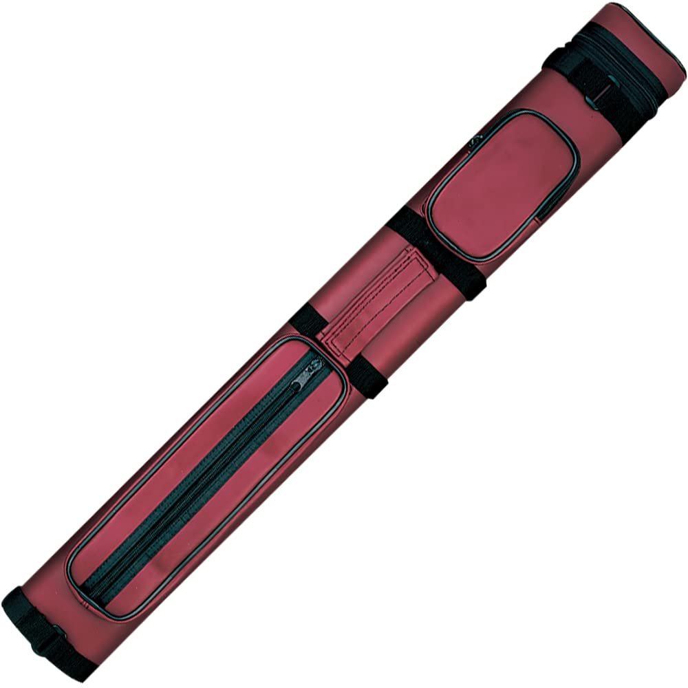 Action 34" Long Pool Cue Hard Carrying Case - Holds 2 Butts & 2 Shafts Separate Molded Tubes Large Zippered Accessory Pockets Adjustable 1" Vinyl Carrying Strap Fits up to 32" Shaft/Butt Burgandy