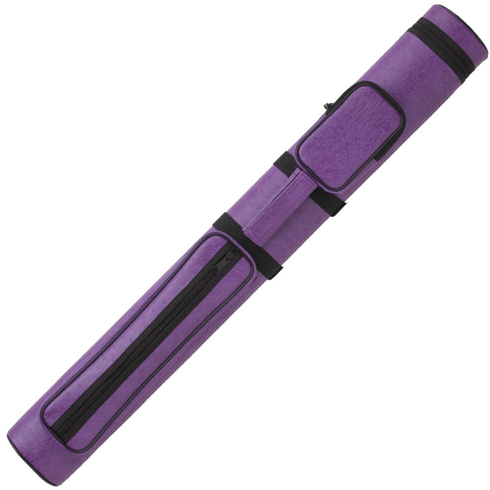 Action 34" Long Pool Cue Hard Carrying Case - Holds 2 Butts & 2 Shafts Separate Molded Tubes Large Zippered Accessory Pockets Adjustable 1" Vinyl Carrying Strap Fits up to 32" Shaft or Butt Purple