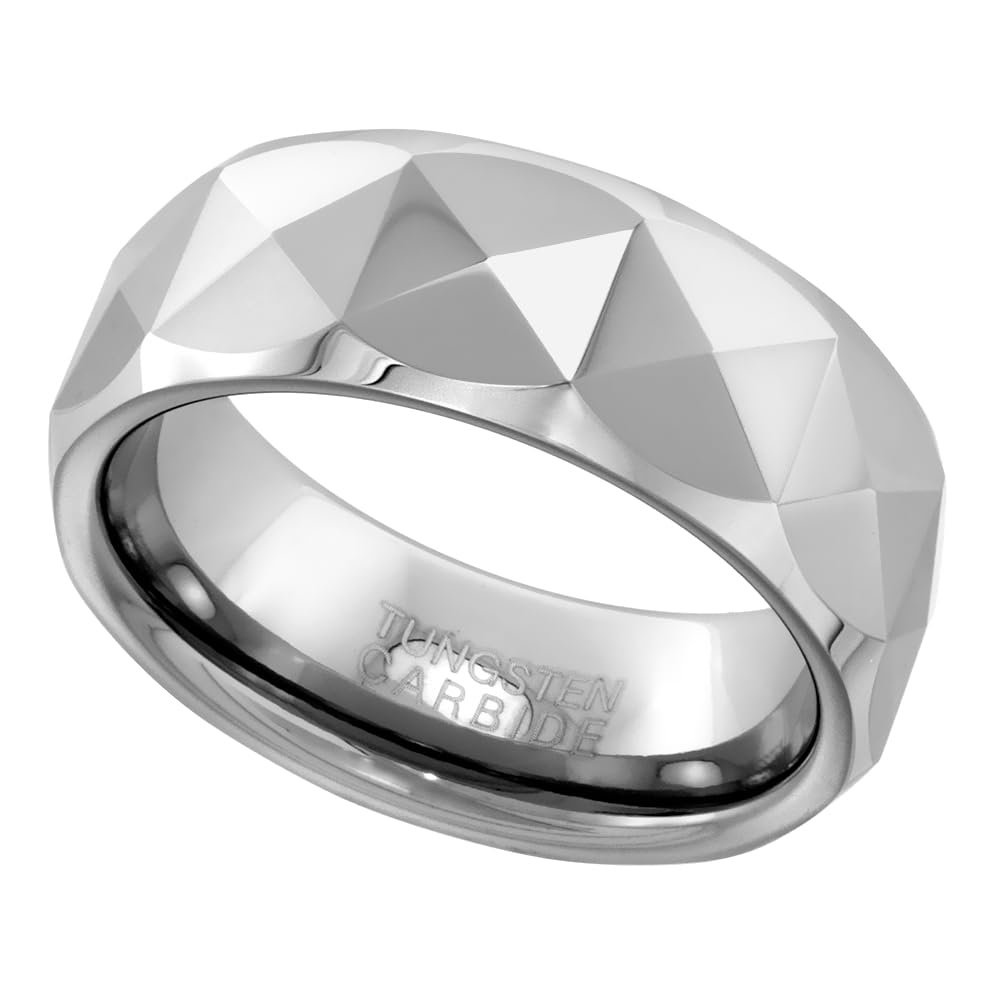 Sabrina Silver Tungsten Carbide 8 mm Faceted Dome Wedding Band Ring Pyramid Patterns size 12