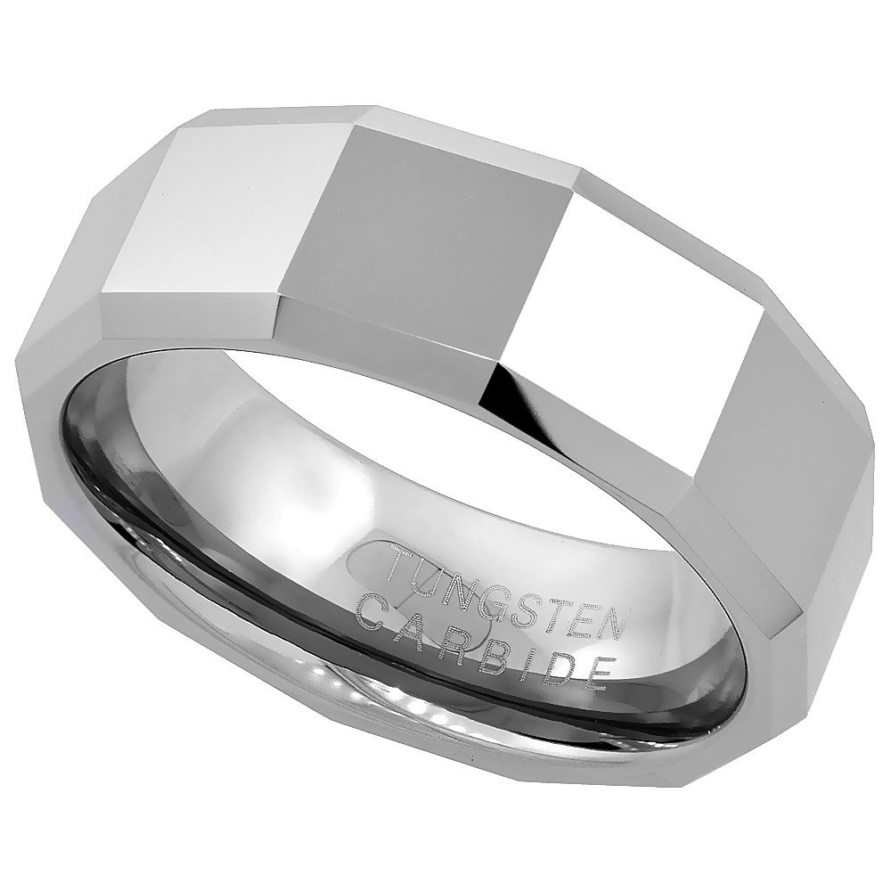 Sabrina Silver Tungsten Carbide 8 mm Faceted Flat Wedding Band Ring Large Square Patterns Beveled Edges size 7