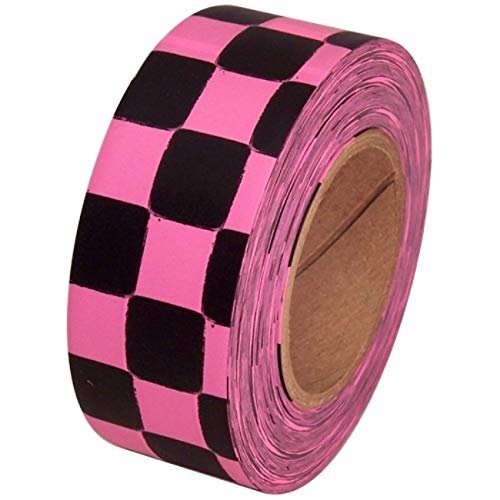 Checkerboard Flagging Tape 1-3/16" Non-Adhesive Plastic Ribbon, Fluorescent Pink/Black (Pack of 1)
