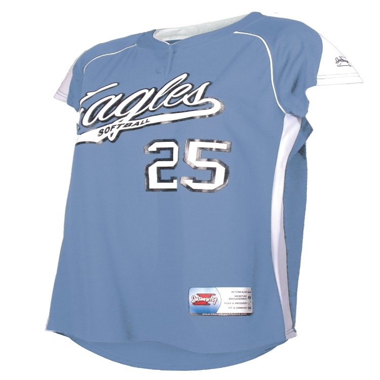 Intensity Women's Two Button Softball Top, Columbia Blue/White, Medium