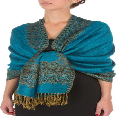 Sakkas Border Pattern Layered Reversible Woven Pashmina Shawl Scarf Wrap Stole - Turquoise