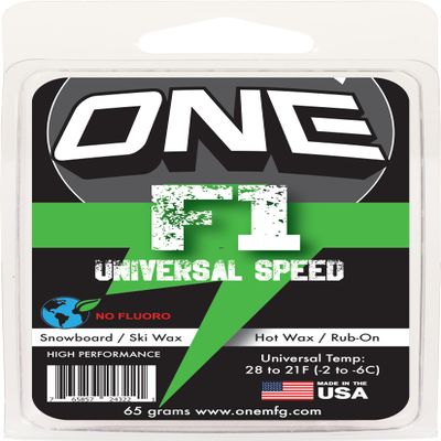 One Mfg F1 65g Universal Conditions Speed Wax-Snowboard/Ski/Nordic-Universal High-Performance, FAST + Durable- Our Factory-USA No Fluoro-Range: 28F to 21F (-2C to -6C)