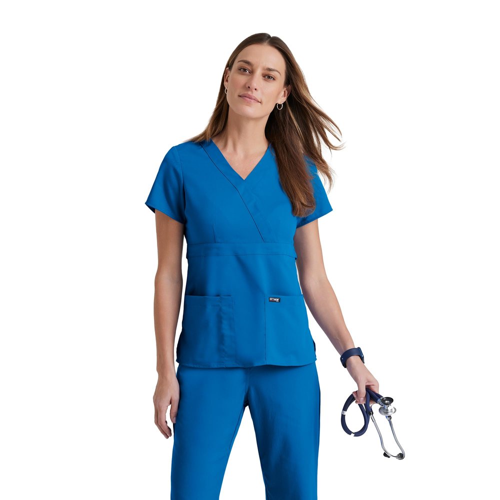 Barco Grey's Anatomy Signature Women's Junior Fit 3 Pocket Mock Wrap Scrub Top, New Royal, 4X-Large