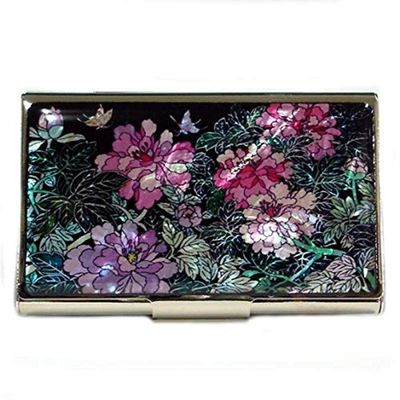 Antique Alive Mother of Pearl Engraved Business Credit Name Id Card Case Holder Metal Stainless Steel Slim Money Wallet with Peony Design