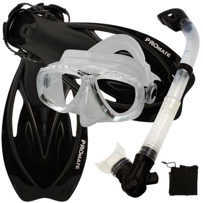 Promate Snorkeling Scuba Dive Mask Fins Dry Snorkel Gear Set, ClrWBk, S/M