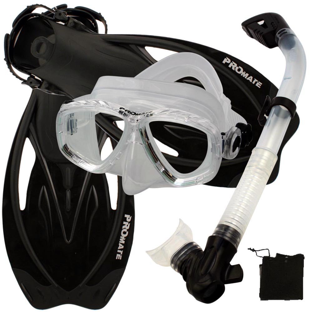 Promate Snorkeling Scuba Dive Mask Fins Dry Snorkel Gear Set, ClrWBk, ML/XL