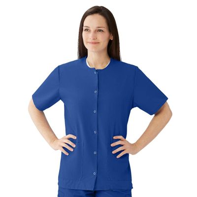 Medline AngelStat Women's Snap-Front Jewel-Neckline Scrub Top, 2 Pockets, Sapphire, Size 3XL