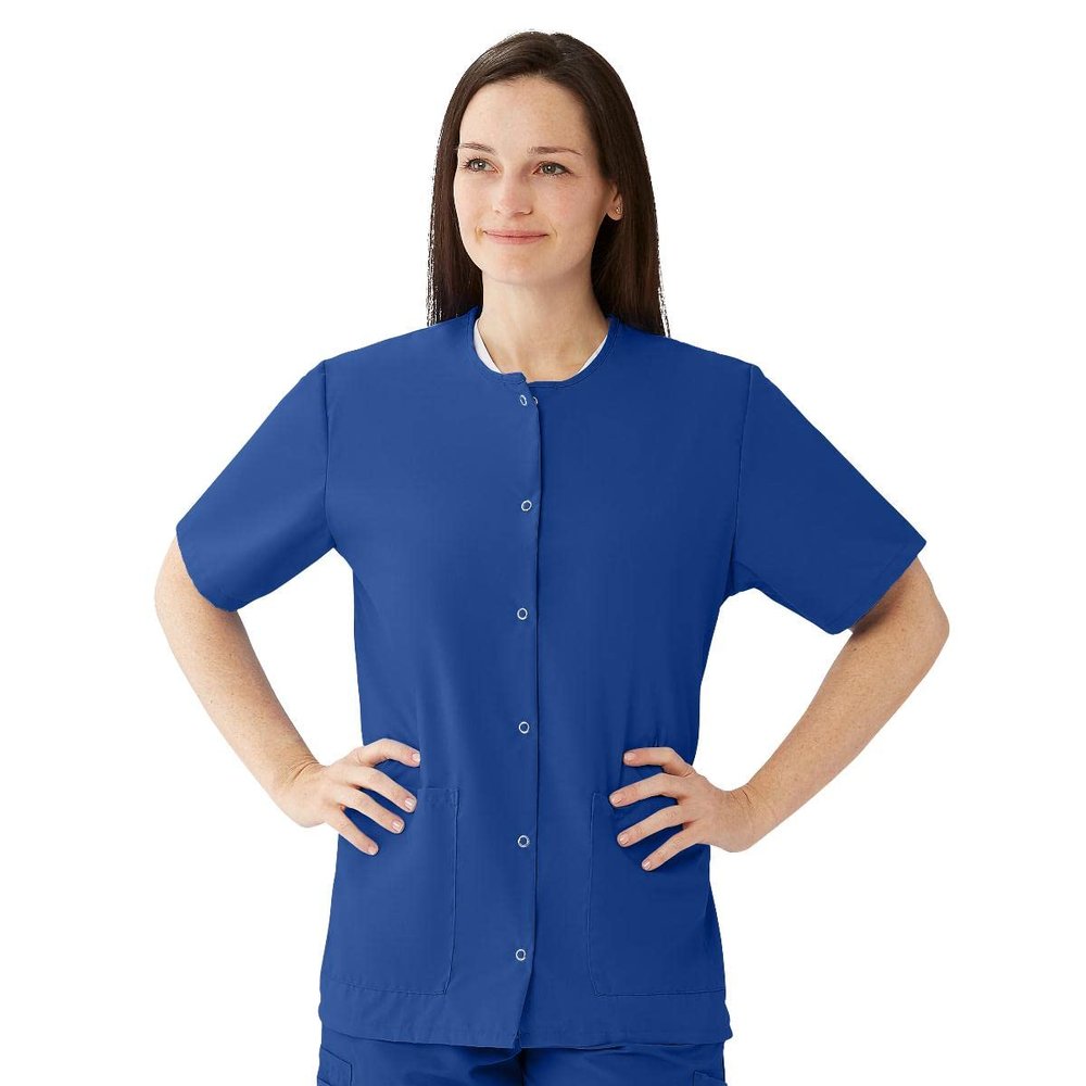 Medline AngelStat Women's Snap-Front Jewel-Neckline Scrub Top, 2 Pockets, Sapphire, Size 3XL