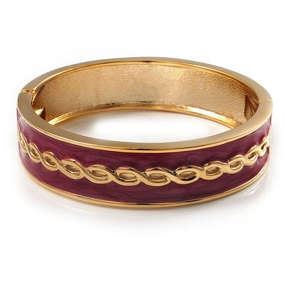 Avalaya Pink Ornamental Enamel Hinged Bangle Bracelet (Gold Tone)
