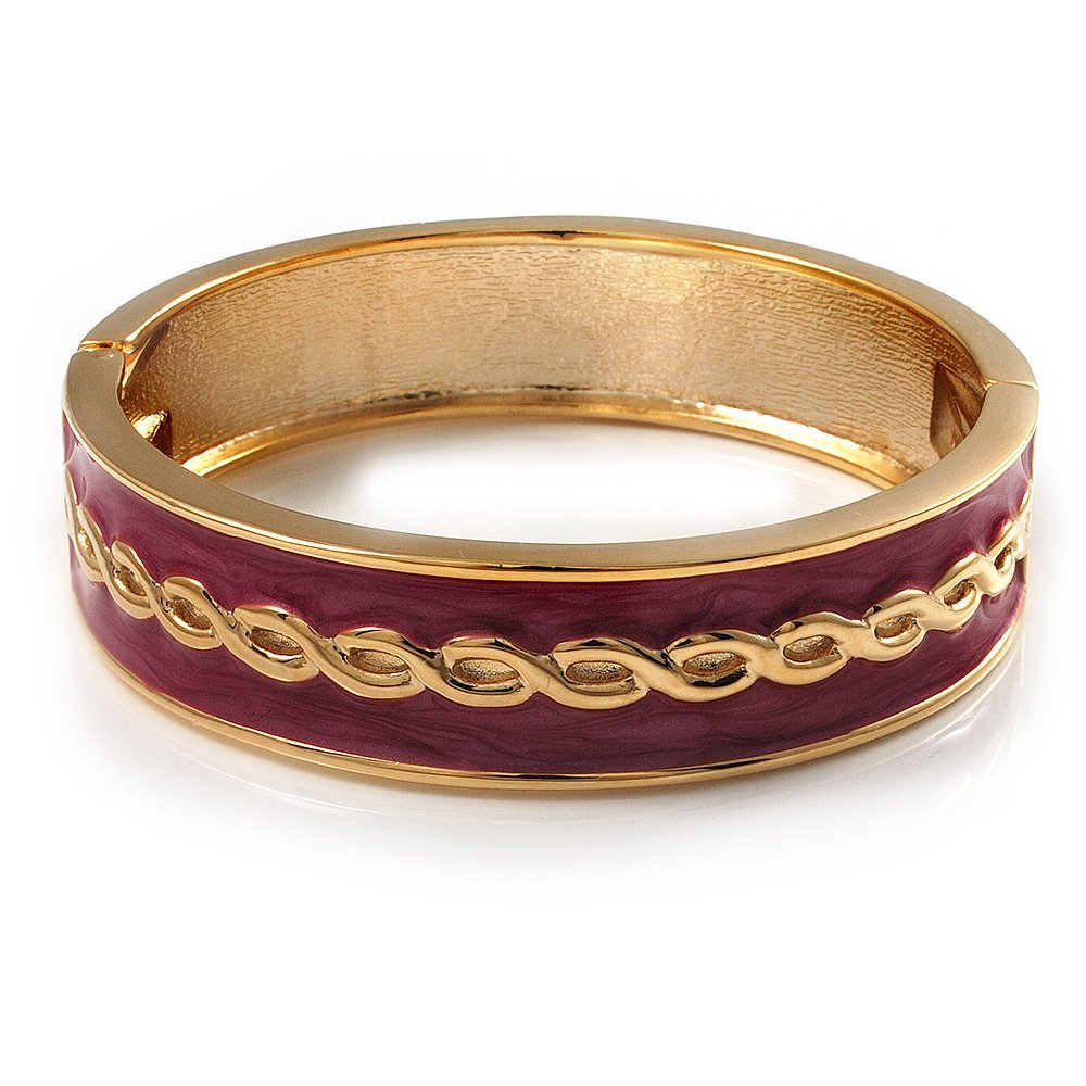 Avalaya Pink Ornamental Enamel Hinged Bangle Bracelet (Gold Tone)