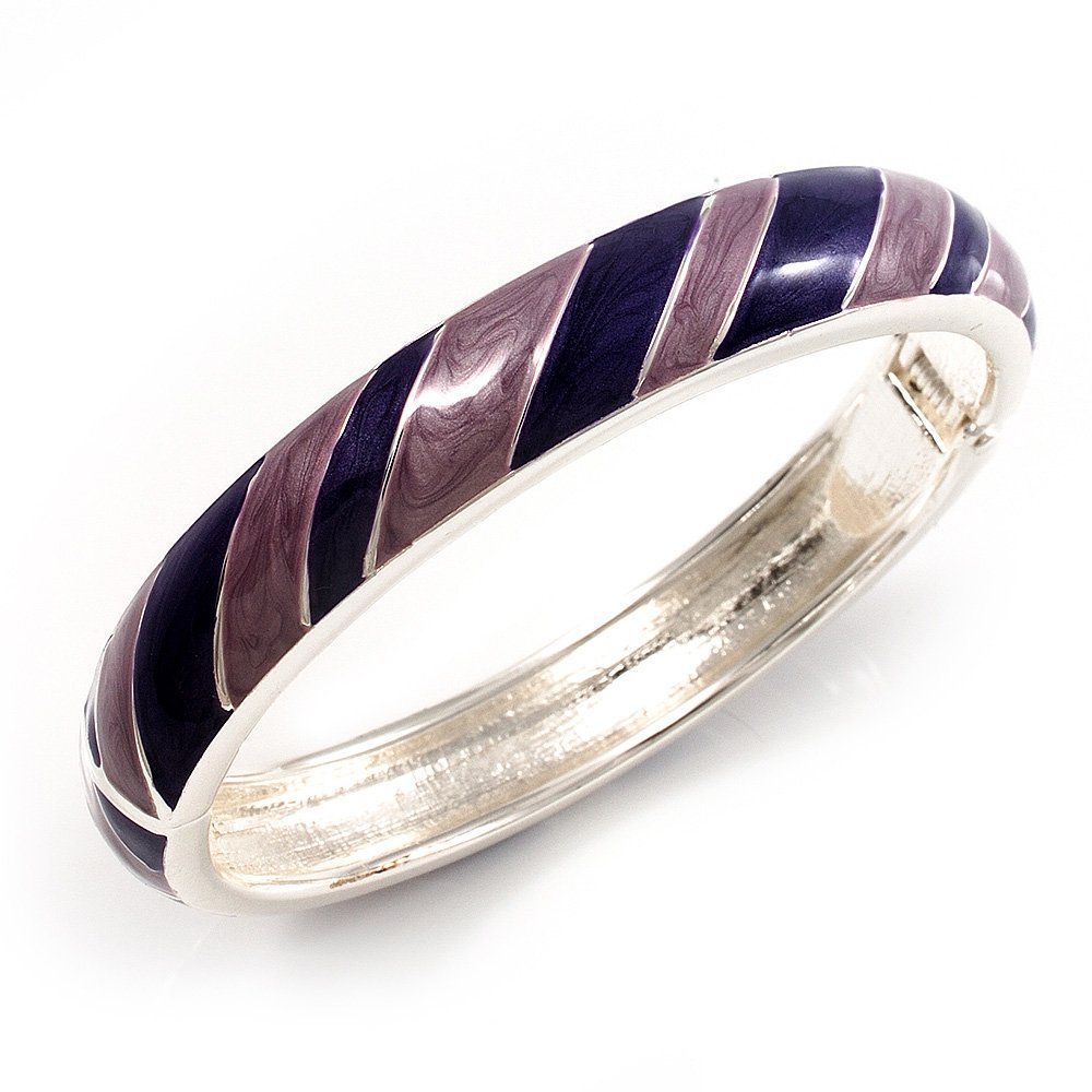 Avalaya Stripy Purple Enamel Hinged Bangle Bracelet (Silver Tone)