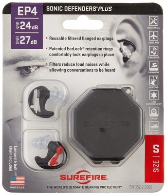 SureFire EP4 Sonic Defenders Plus filtered Earplugs, triple flanged design, reusable, Black, Small
