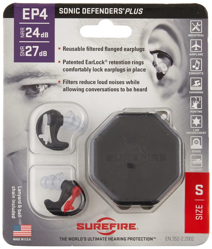 SureFire EP4 Sonic Defenders Plus filtered Earplugs, triple flanged design, reusable, Black, Small