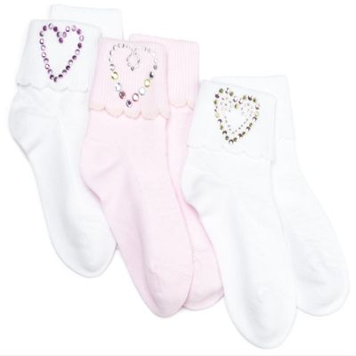Jefferies Socks Girls 2-6x Shiny Hearts Seamless Organic Applique Three Pair Pack, Assorted A, 4-6 1/2
