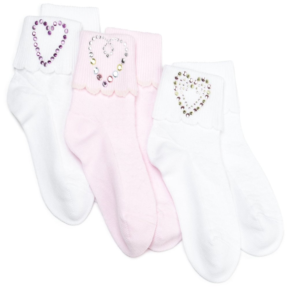 Jefferies Socks Girls 2-6x Shiny Hearts Seamless Organic Applique Three Pair Pack, Assorted A, 4-6 1/2