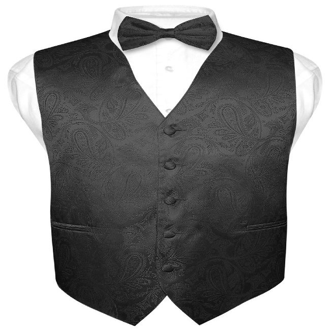 Vesuvio Napoli Men's Paisley Design Dress Vest & Bow Tie BLACK Color BOWTie Set sz Small