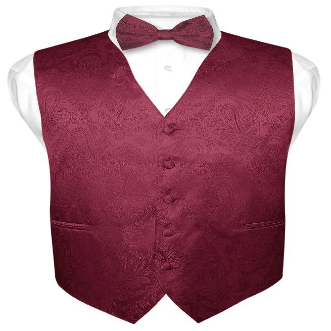 Vesuvio Napoli Men's Paisley Design Dress Vest & Bow Tie BURGUNDY Color BOWTie Set size 4XL