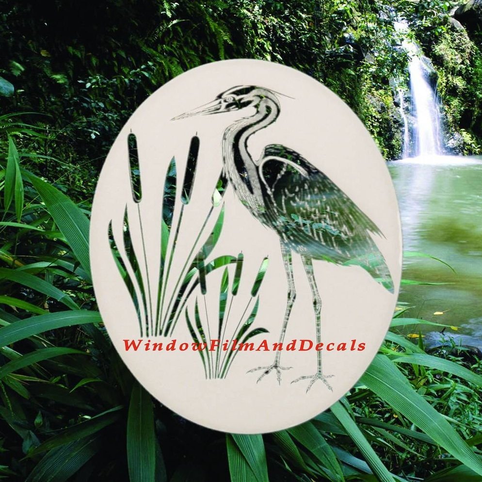 Oval Egret & Cattails Right Etched Window Decal Vinyl Glass Cling - 15" x 23" - White with Clear Design Elements