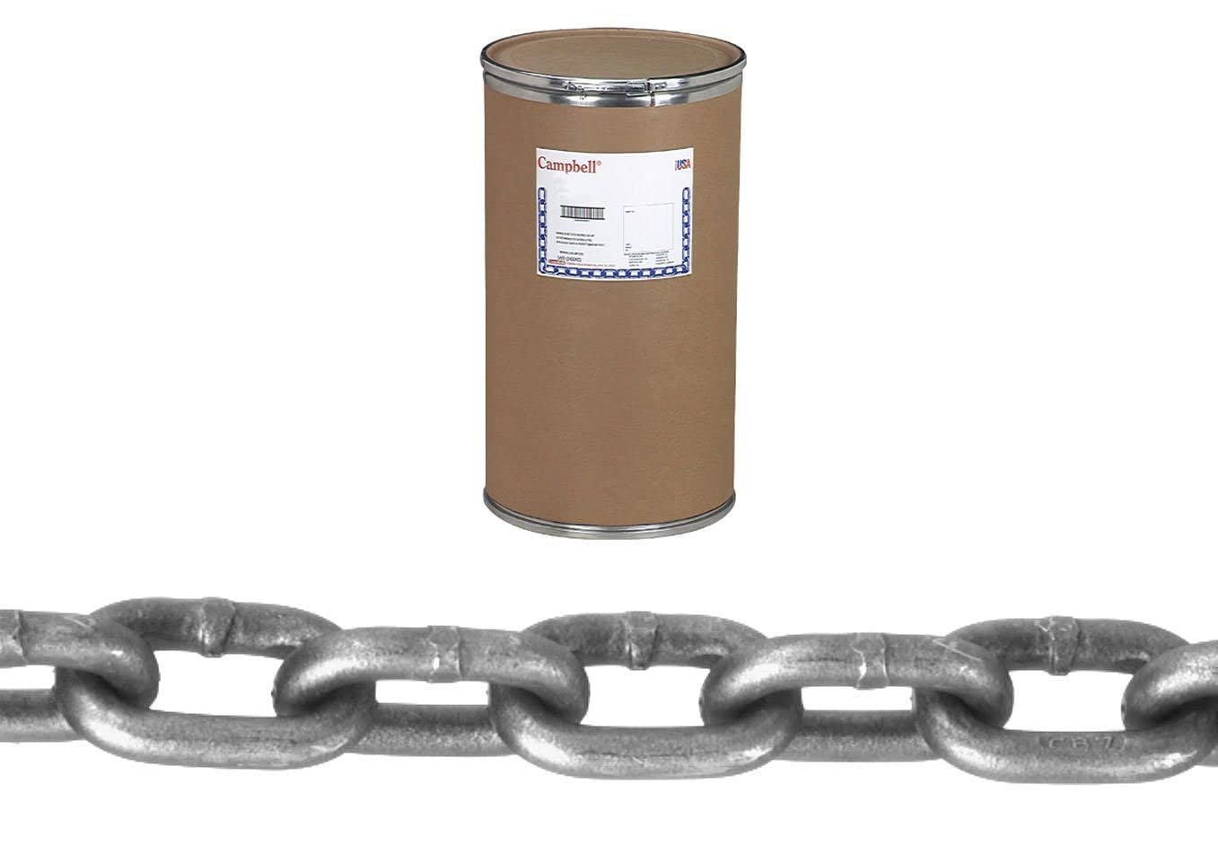 Campbell 0521012 Carbon Steel Beacon 7 Fishing Chain in Drum, Bright, 5/8" Trade, 0.63" Diameter, 200' Length, 15800 lbs Load Capacity