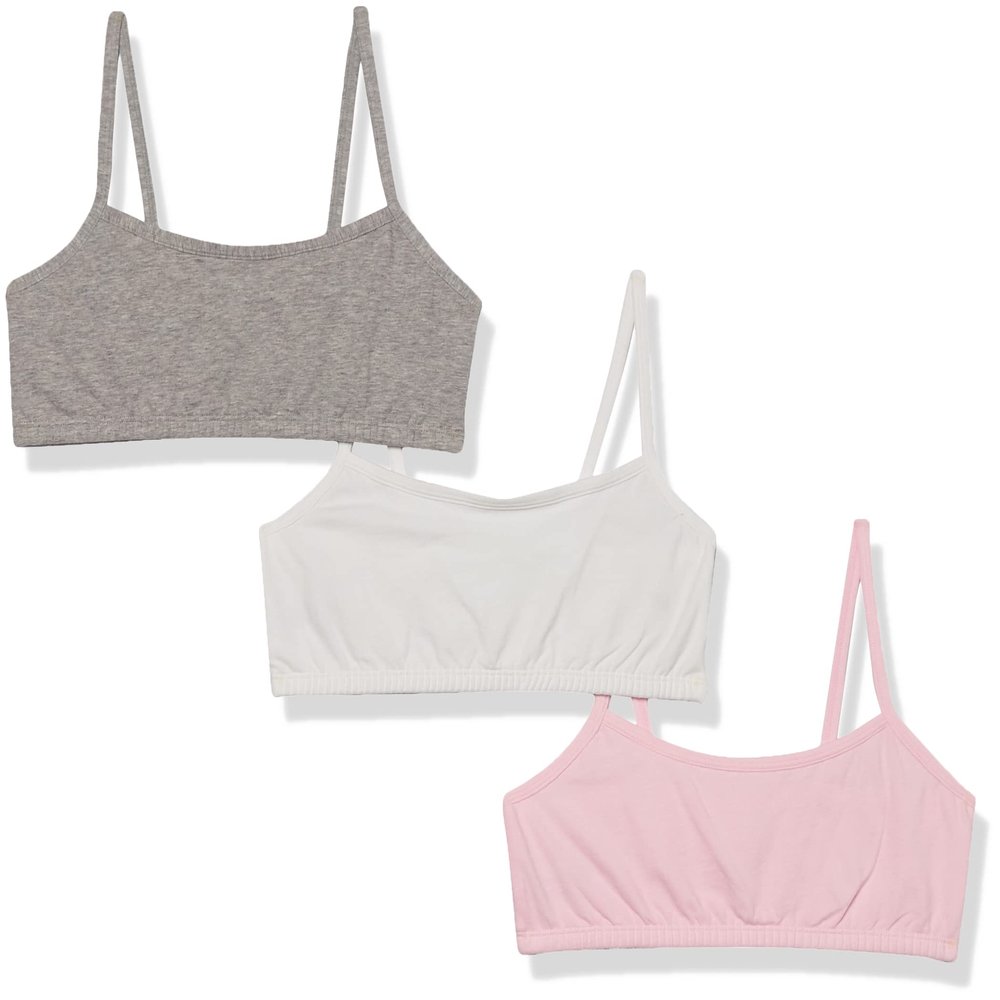 Fruit of The Loom Big Girls' Cotton Spaghetti Strap Sport 3 Pack, White/Bittersweet Pink/Grey Heather, 28(Pack of 3)