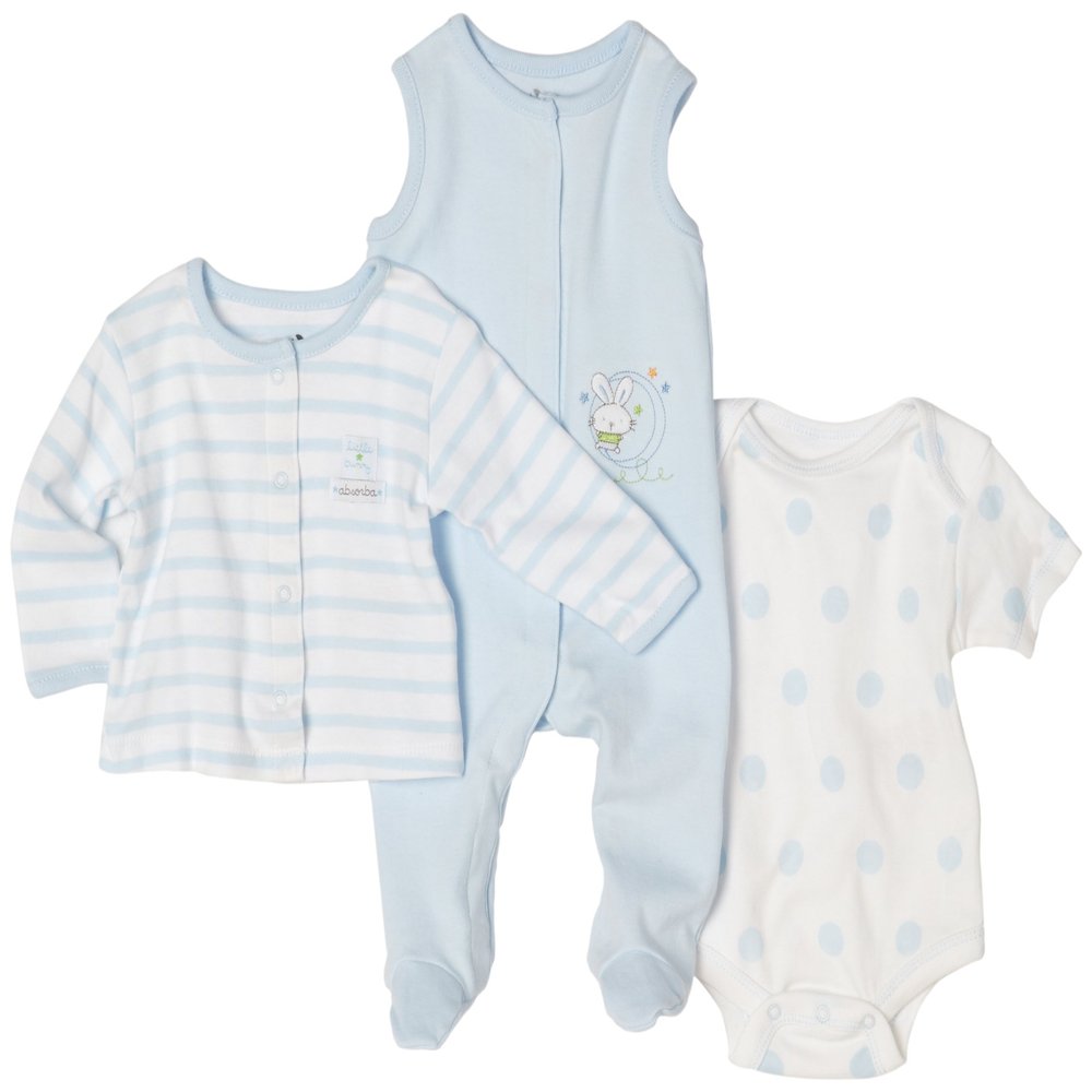 Absorba Newborn Boys 3 Piece Overall Set Blue, 3-6 Months