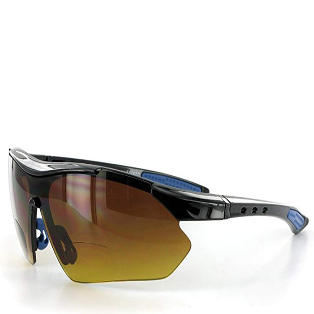 Daredevil Fashion Bifocal Sunglasses with Wrap-Around Sports Design and Anti-Glare Coating for Youthful and Active Men (Black+Blue w/Amber +3.00)