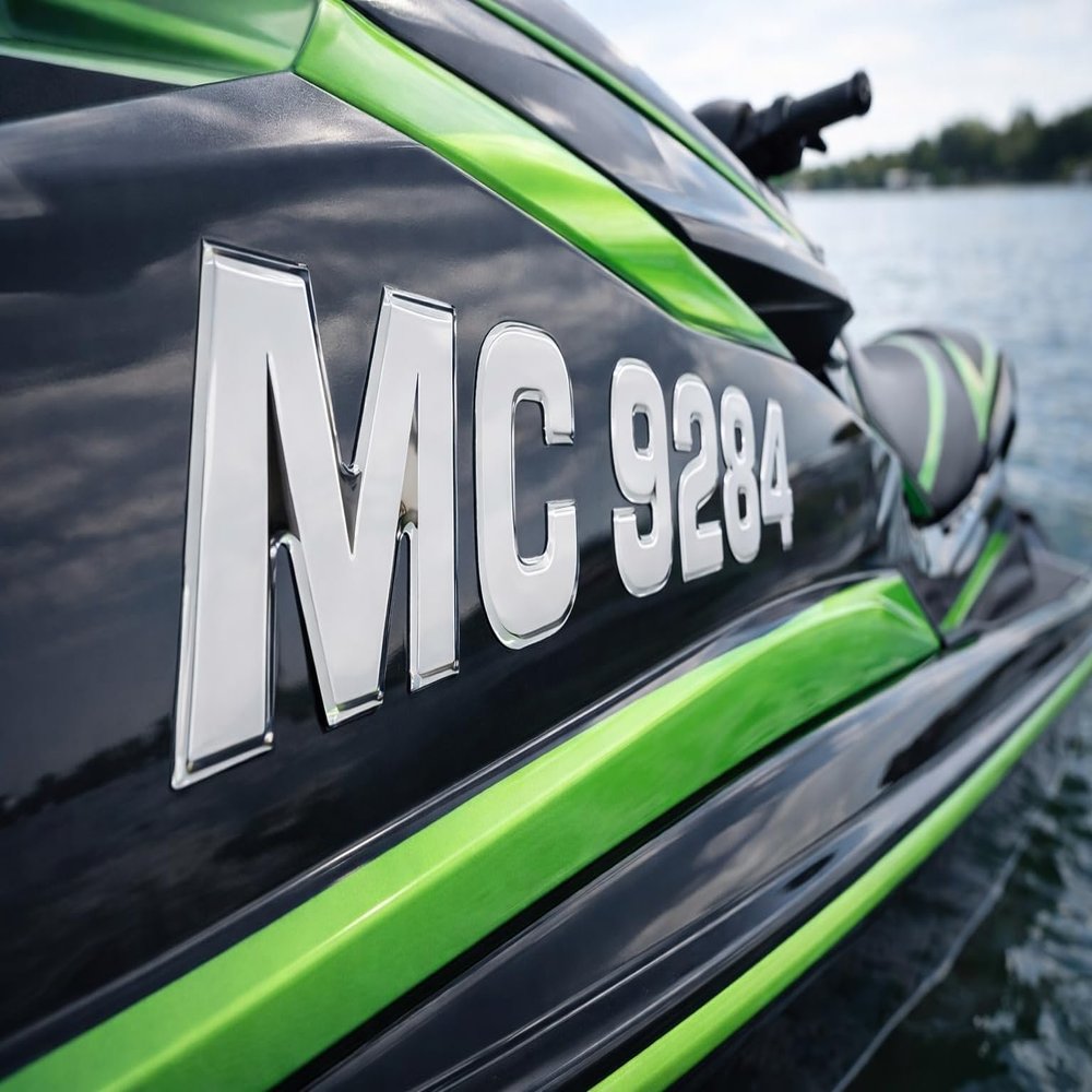 Boat & Jetski Registration Numbers - Domed/Raised Decal (16 pcs) White Center/Chrome Outline (Wake Series)