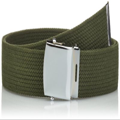 Mil-tec Olive Green, 100% cotton webbing US trouser belt with silver coloured metal buckle.
