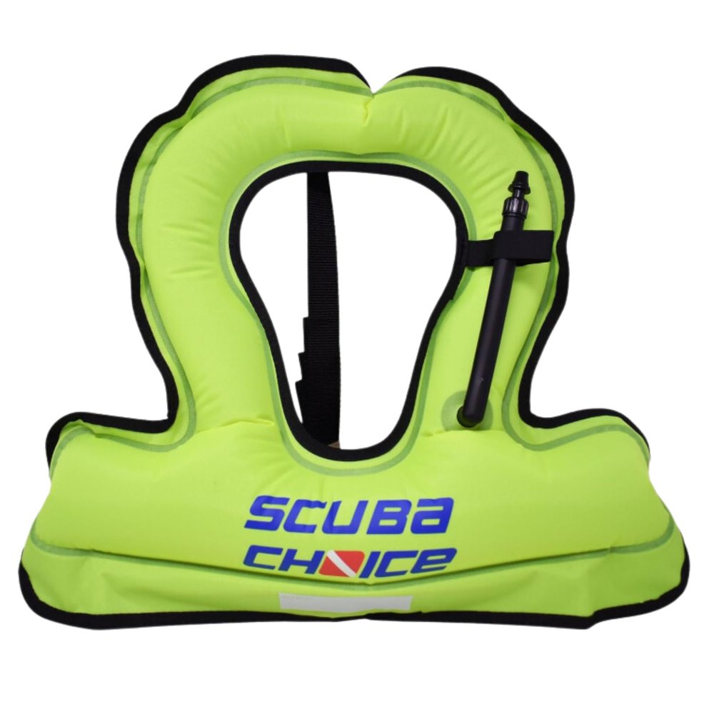 Scuba Choice Youth Kids Snorkel Vest - Neon Yellow/Blue Safety Floatation Aid, Up to 100 lbs, Adjustable Fit with Name Box & Anti-Ride-Up Strap, Easy Oral Inflator & Secure Crotch Strap
