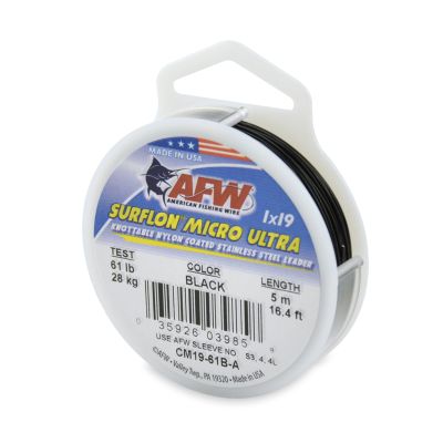 American Fishing Wire Surflon Micro Ultra, Nylon Coated 1x19 Stainless Steel Leader Wire, 61 lb Test, .030" Diameter, Black, 5 m