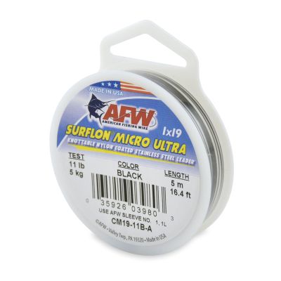 American Fishing Wire Surflon Micro Ultra, Nylon Coated 1x19 Stainless Steel Leader Wire, 11 lb Test, .012" Diameter, Black, 5 m