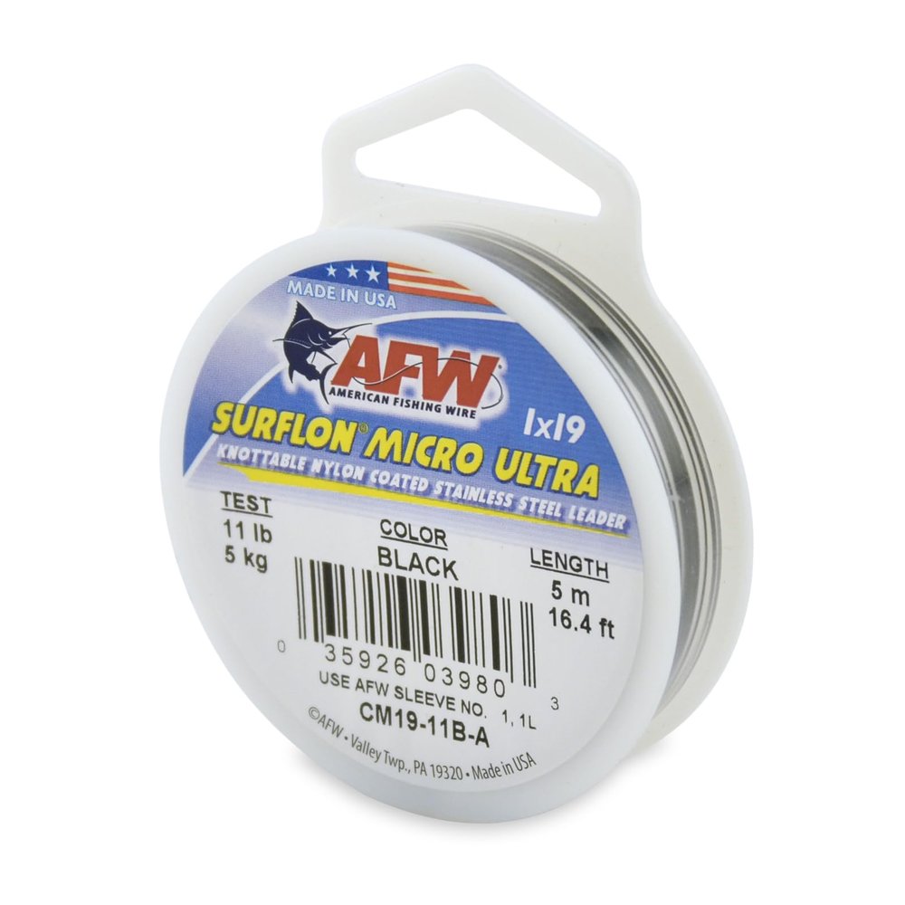 American Fishing Wire Surflon Micro Ultra, Nylon Coated 1x19 Stainless Steel Leader Wire, 11 lb Test, .012" Diameter, Black, 5 m